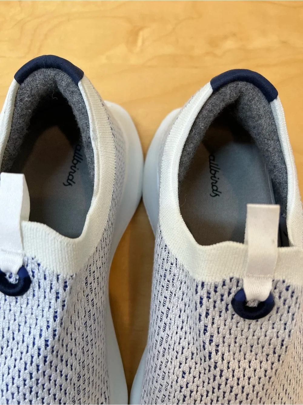 allbirds Men's US 13,5 Slip-On Knit Sneakers - White and navy.